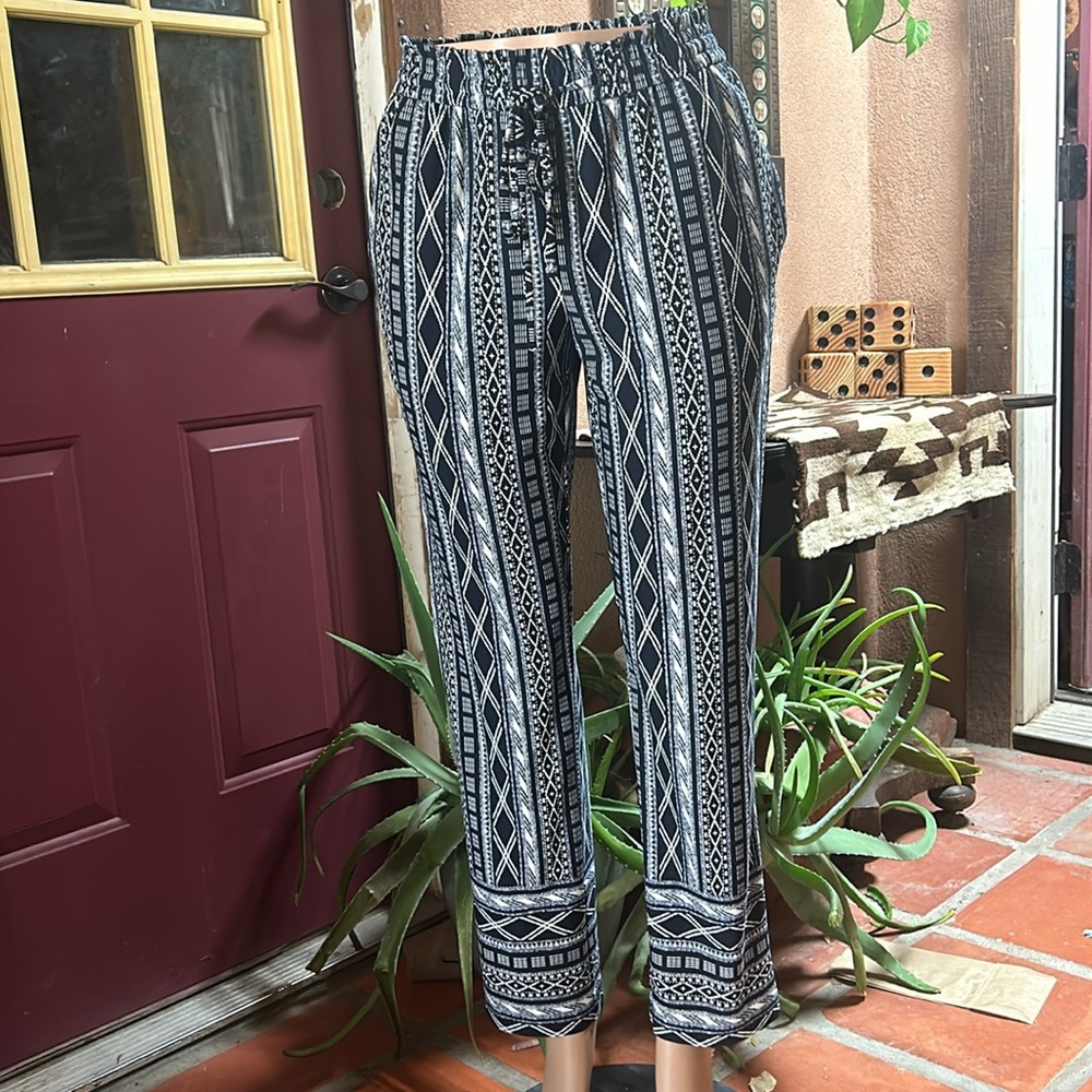 SOHO Wide Leg Trouser Drawstring Pants in Navy Blue and White Tribal Pattern - Picture 2 of 7